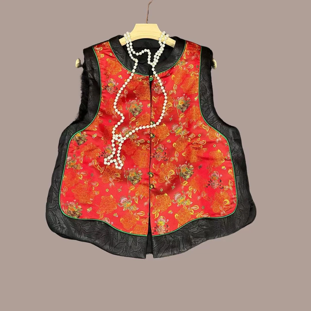 新年战袍新中式国风宋锦织锦提花拼接真毛夹棉坎肩马甲上衣