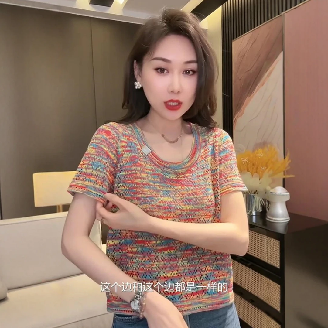 韩版镂空彩线圆领短袖t恤女夏季款时髦独特漂亮减龄百搭显瘦上衣