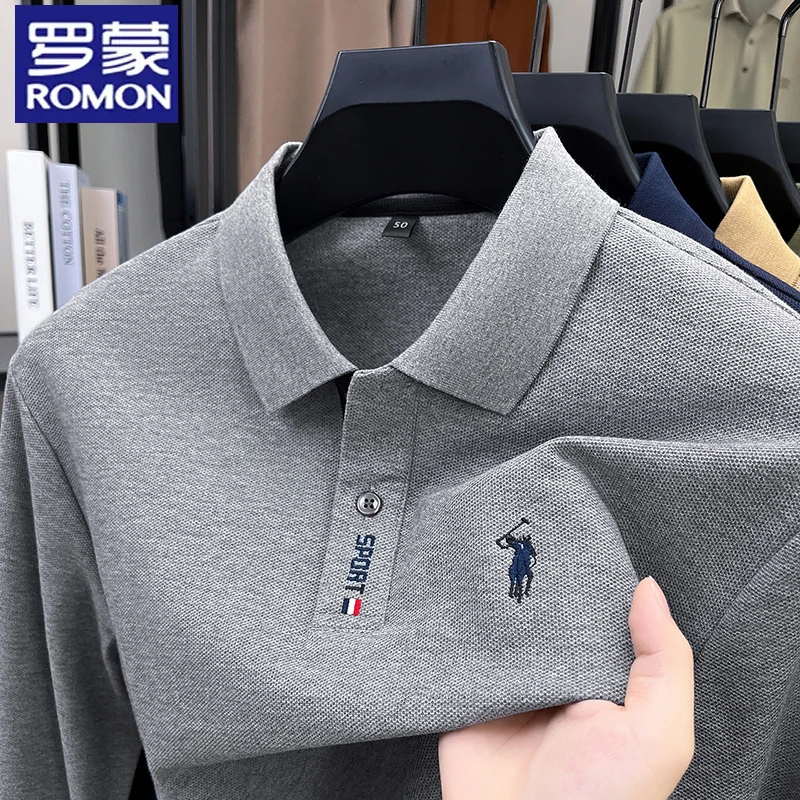 罗蒙100%纯棉翻领刺绣长袖t恤男春秋新款纯色休闲商务打底Polo衫