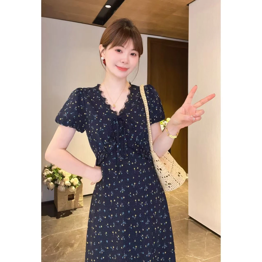 法式气质收腰显瘦碎花中长款连衣裙