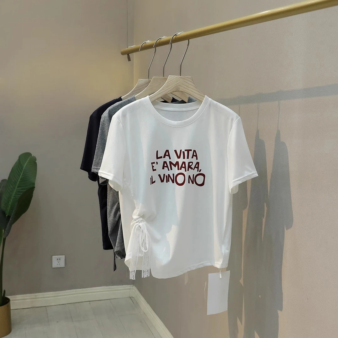 韩系休闲简约字母印花短袖T恤女2025夏侧边抽绳女生韩系ins衣服