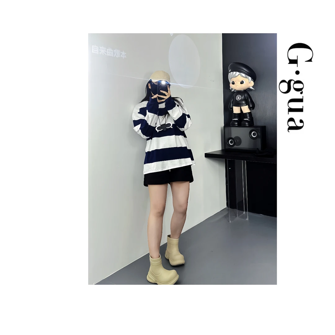 【张_Ggua】大码小众设计感条纹卫衣女早秋宽松+休闲百搭短款小卫裤