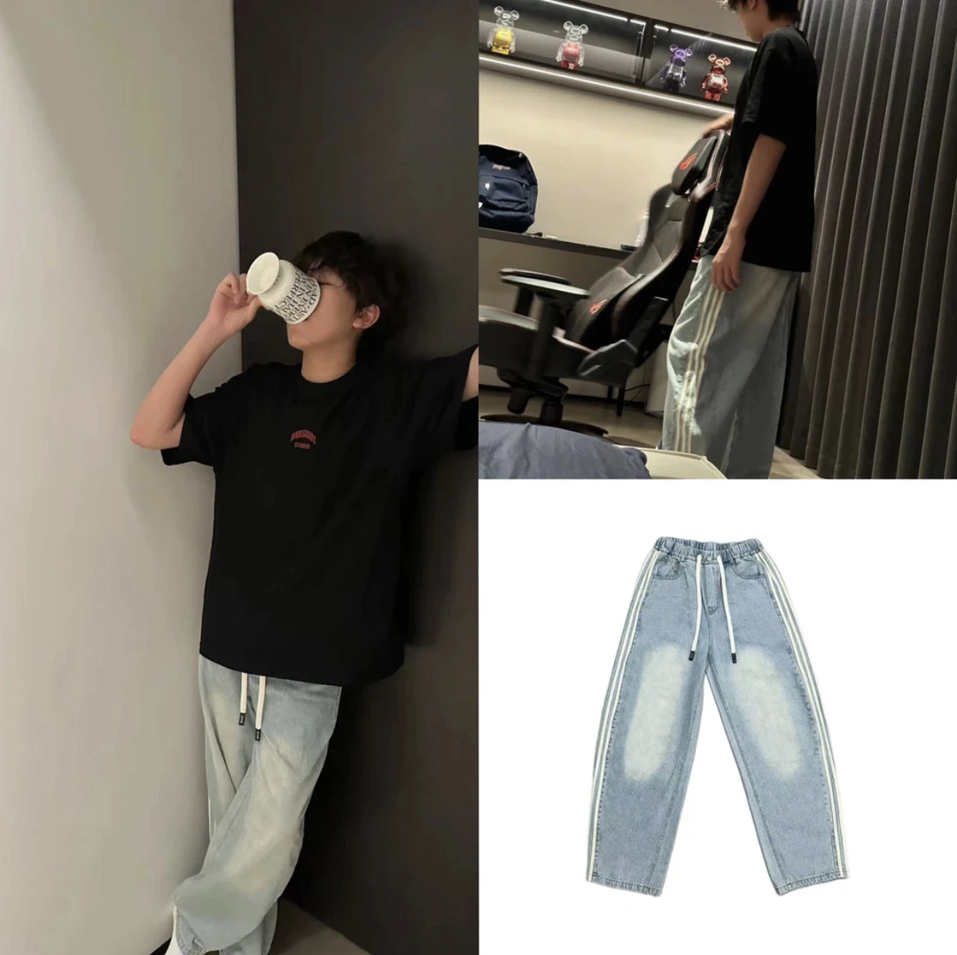 【子政同款】浅蓝色水洗侧织带时尚休闲夏季薄款抽绳弯刀牛仔裤 032