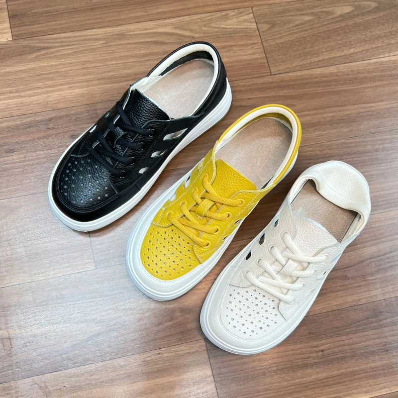 头层牛皮软底小白鞋2025夏季新款镂空洞洞凉鞋时尚休闲运动板鞋