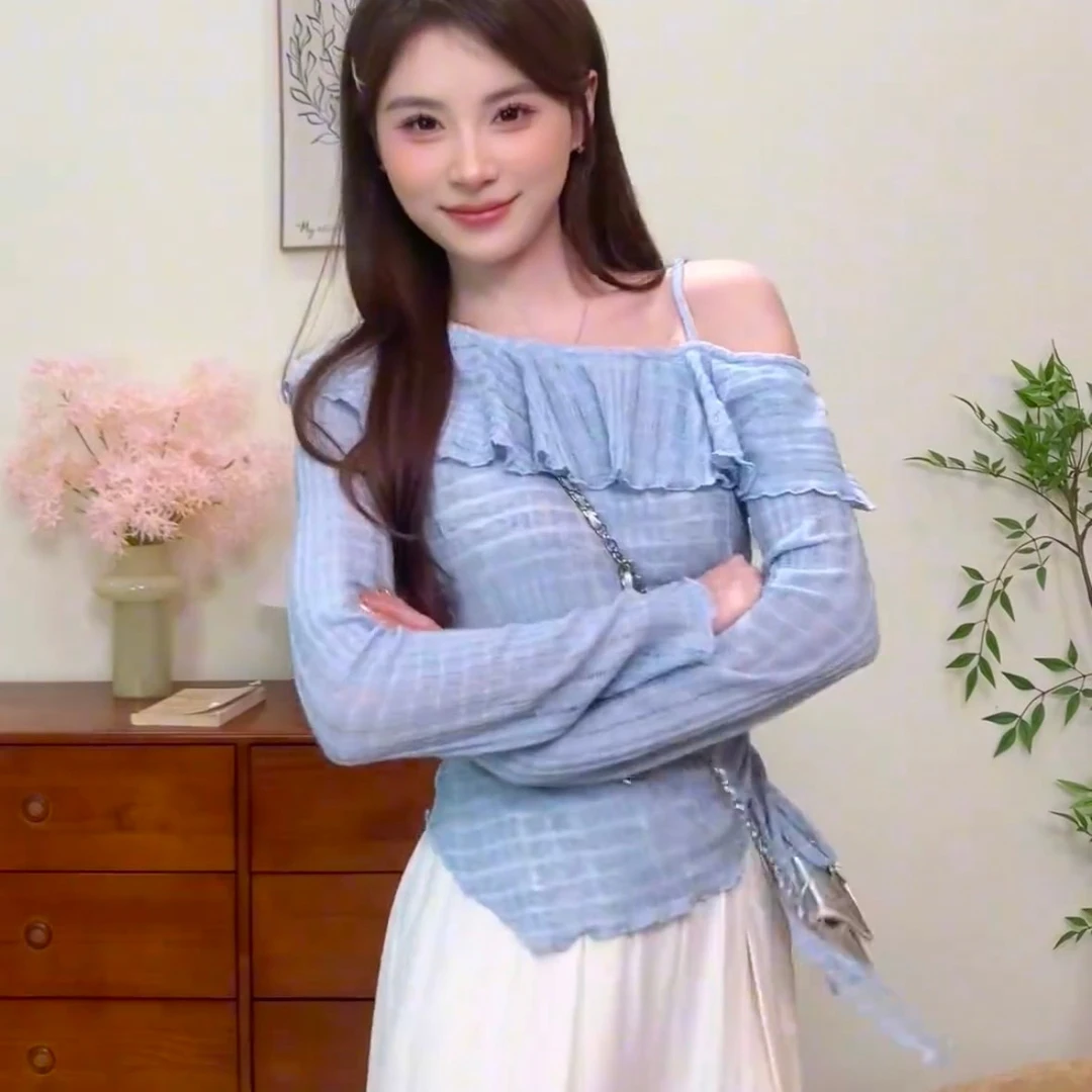 蓝色拼接抽褶落肩袖长袖显瘦青春气质斜领通勤女装