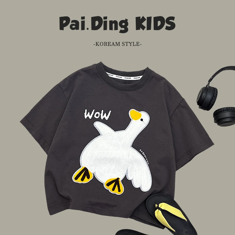 qc【兔小呗】夏装儿童韩版个性时尚休卡通鸭子印花短袖T恤SJ2749