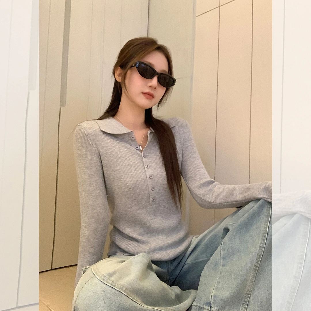 实拍2025韩系穿搭排扣翻领打底针织衫女秋修身显瘦高级感内搭上衣