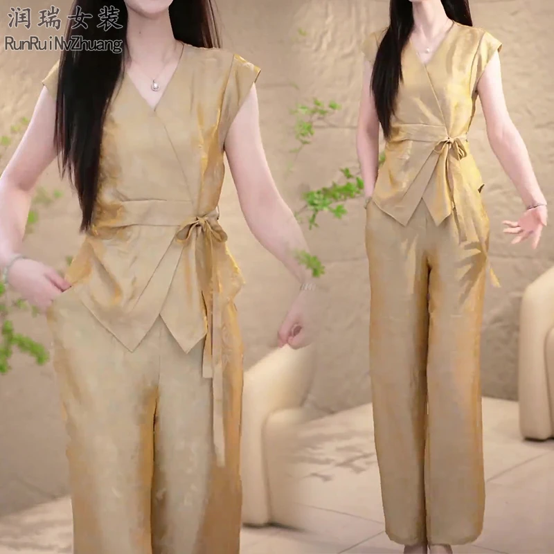 【送运费险】休闲时尚套装女夏季新款系带短袖衬衫阔腿裤妈妈两件套