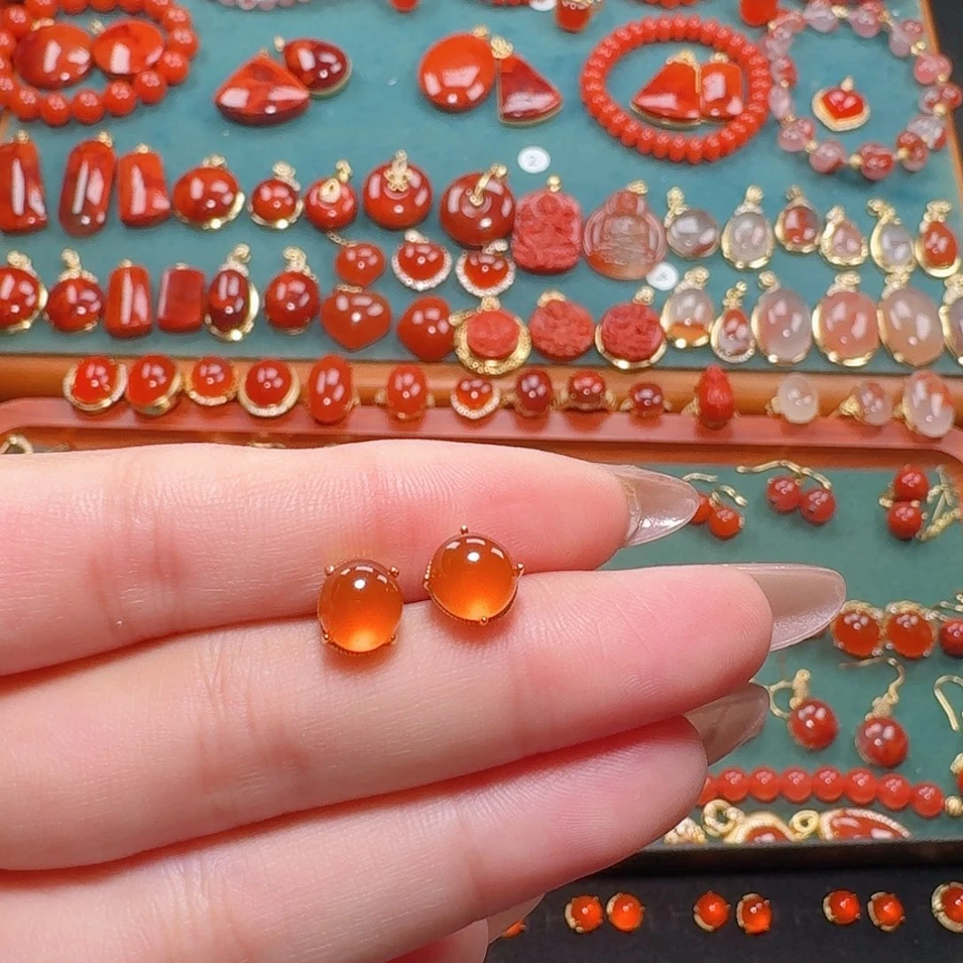 南红玛瑙银S925镶嵌耳饰