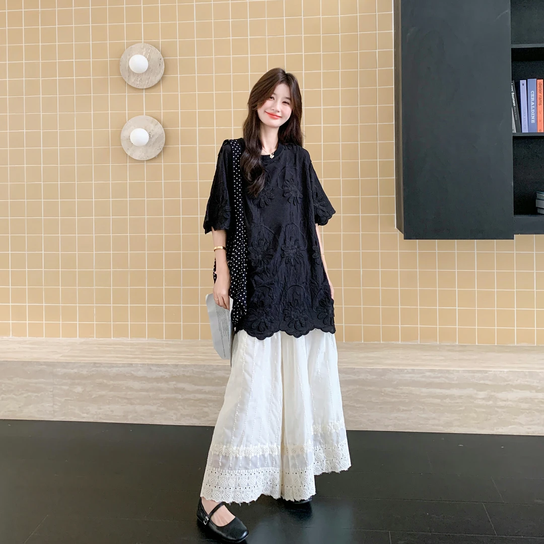 法式立体花朵T恤套装女夏季新款松弛感遮肉显瘦上衣阔腿裤两件套