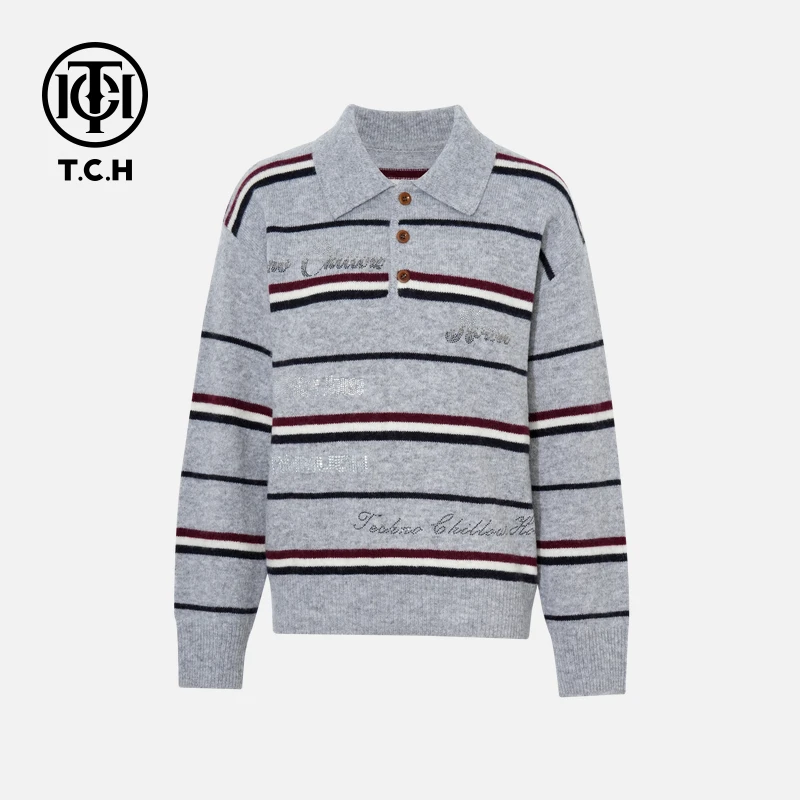 年终大促款TCH秋款慵懒风烫钻时尚淑女灰色针织衫女T75C09E5147X