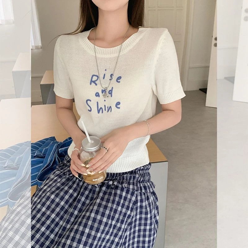 甜美撞色字母刺绣针织短袖女2025夏季宽松显瘦短款T恤绝美小上衣