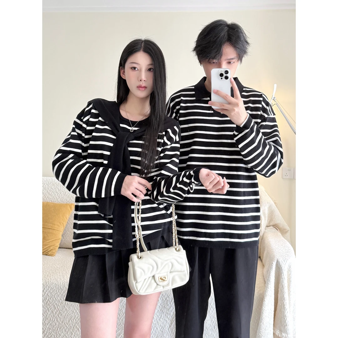 早秋新款假两件海军领慵懒风披肩条纹针织罩衫polo领学院风情侣装