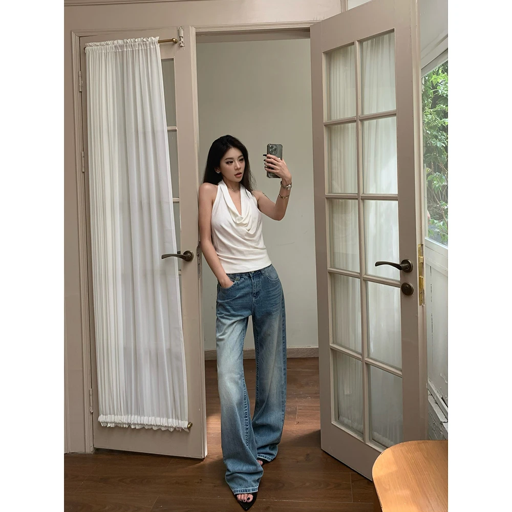 血色樱桃【独奏宣言】复古蓝磨白美式复古阔腿牛仔裤女低腰显瘦秋季