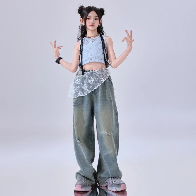 爵士舞服装女童时髦背心牛仔裤jazz舞蹈练功服女团现代舞演出服