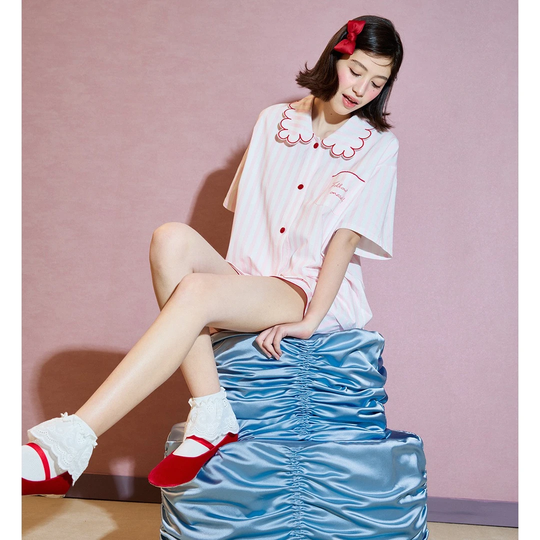 yso【礼物系列】睡衣女夏条纹印花可爱甜美高级感可外穿家居服套装