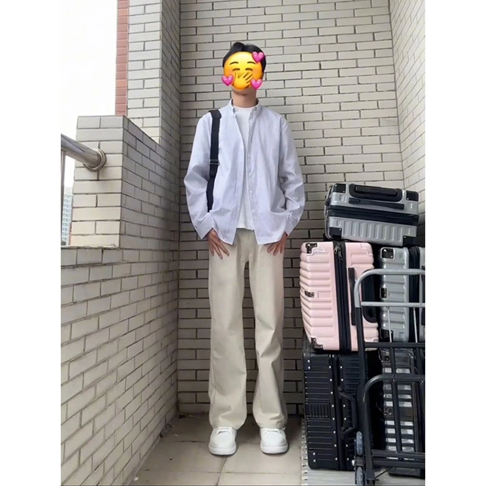 蓝白条纹长袖衬衫男夏季宽松慵懒风休闲衬衣cleanfit情侣外套