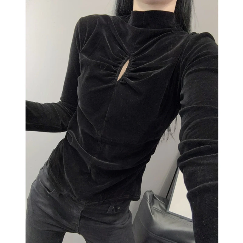 丝绒半高领长袖T恤女欧货气质百搭修身性感镂空打底小衫上衣秋冬