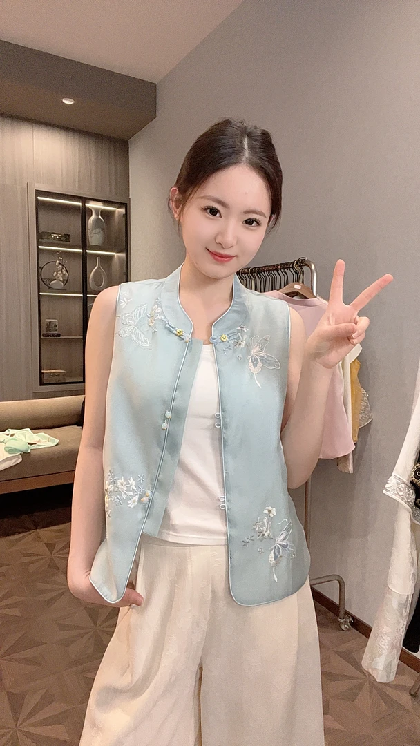 【飞花令】2025新款夏季马甲新中式宽松立领网纱绣花上衣马夹女