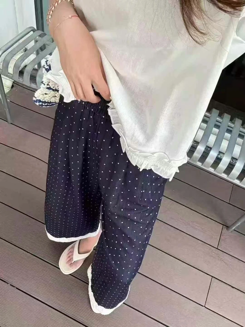 韩版潮流通勤牛仔高腰休闲裤拼接波点阔腿裤