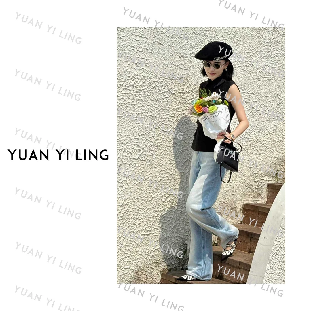 袁艺灵【海岸来信】棉质百搭高腰水洗渐变显瘦阔腿复古直筒牛仔裤女