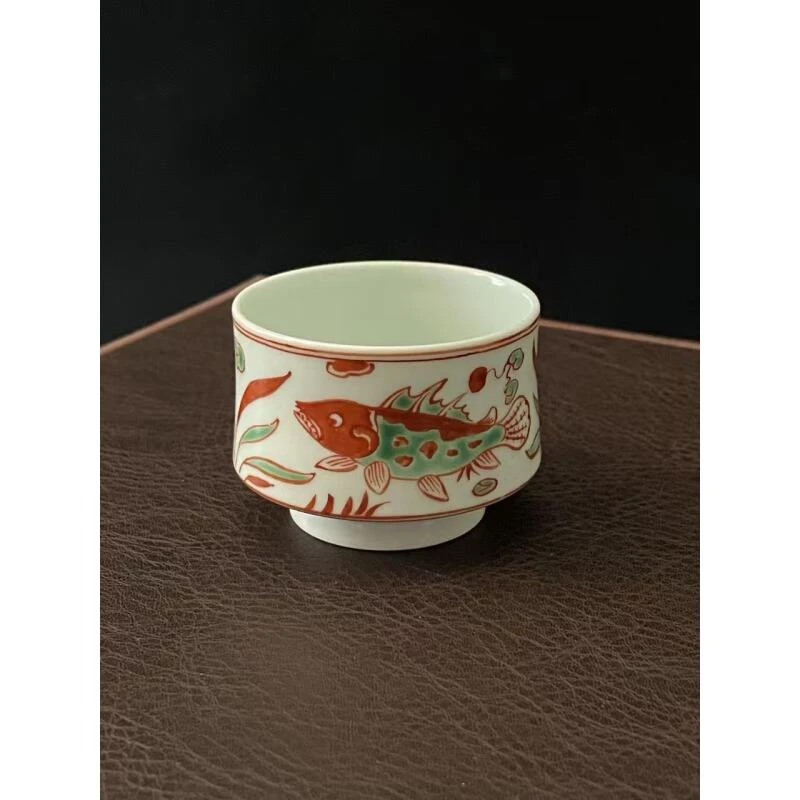 景德镇红绿彩茶杯手绘陶瓷马蹄杯鱼澡纹茶具杯子