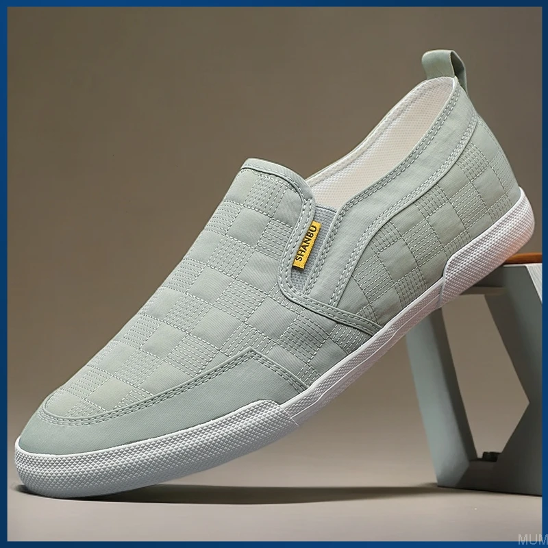夏季帆布鞋一脚蹬男士冰丝布鞋子透气低帮老北京男鞋时尚格子板鞋