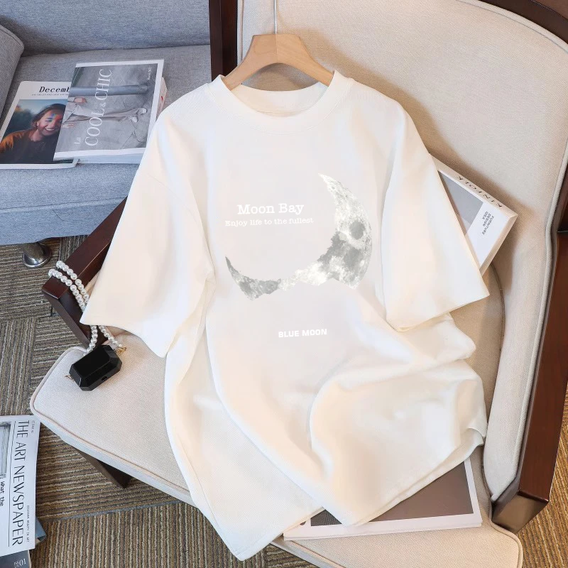 白色纯棉短袖t恤女2025新款欧货宽松显瘦中长款圆领半袖上衣ins潮