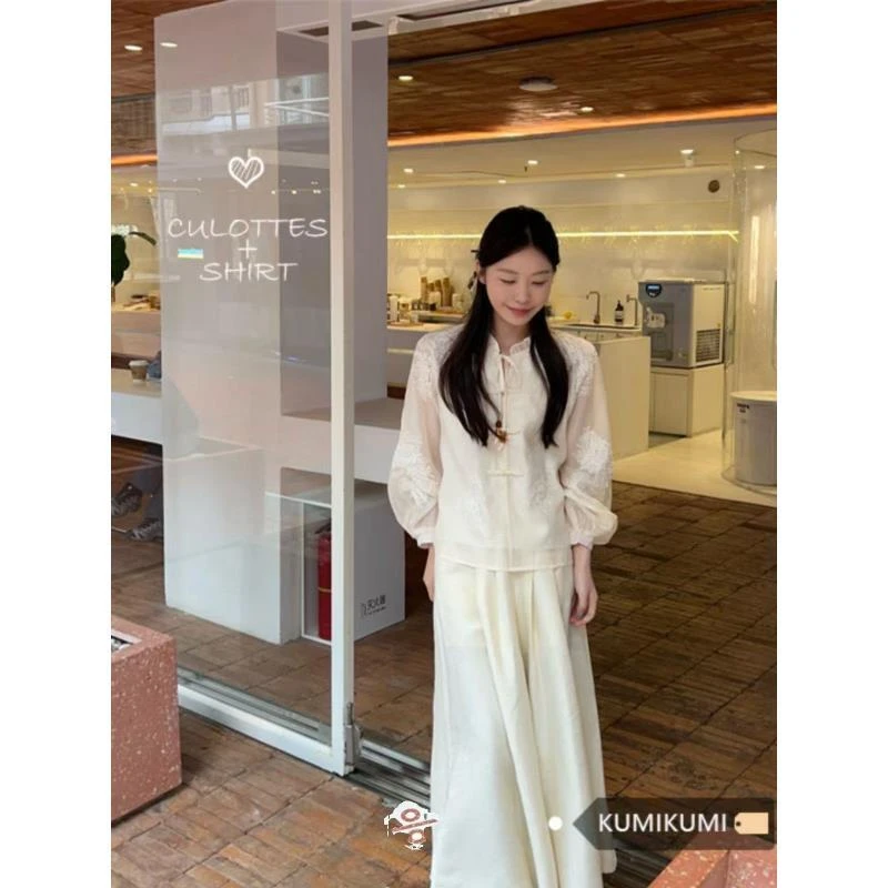 新中式套装女春季国风重工刺绣长袖衬衫高腰裙裤半身裙时尚两件套