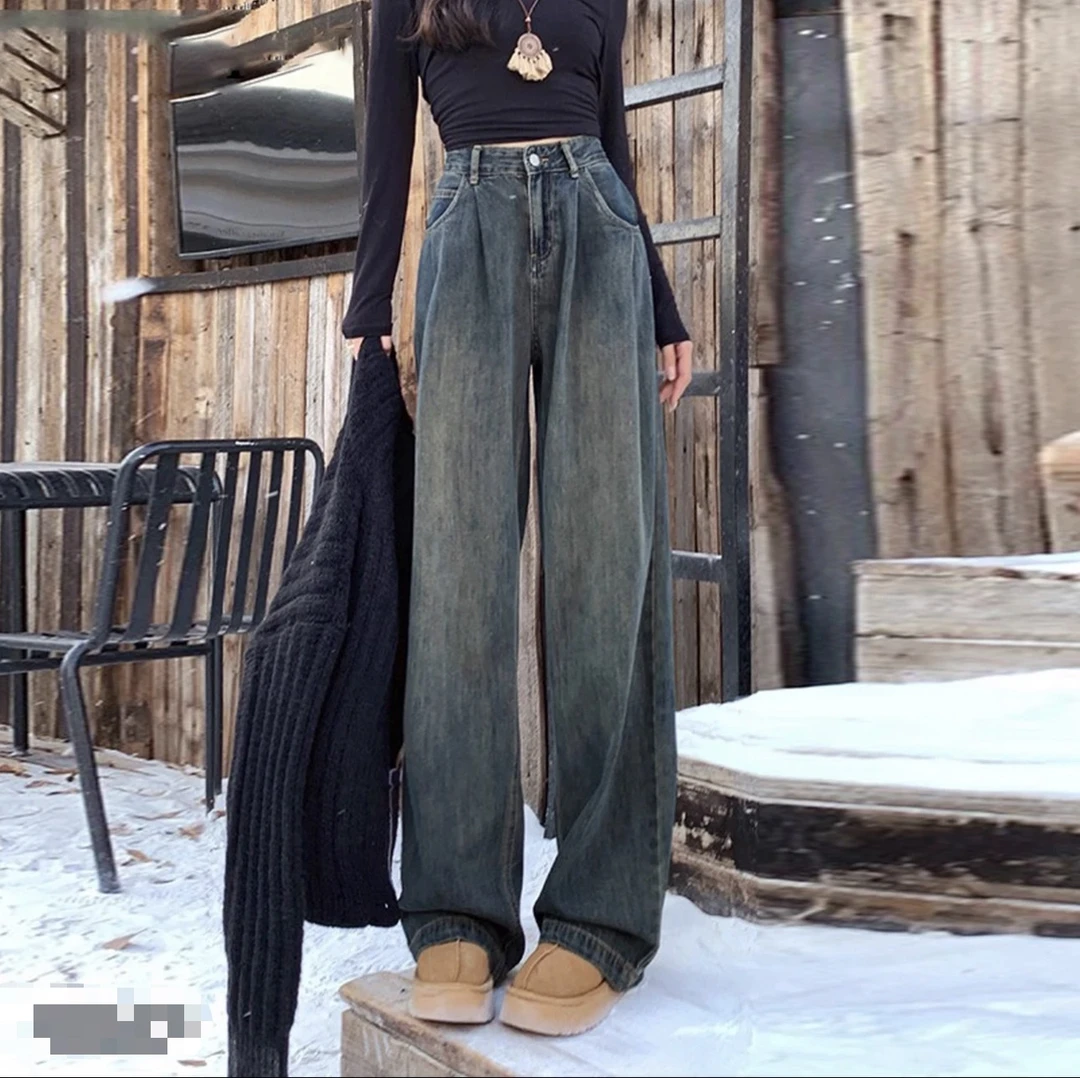 褶皱阔腿牛仔裤女2024秋款复古高腰显瘦直筒拖地长裤