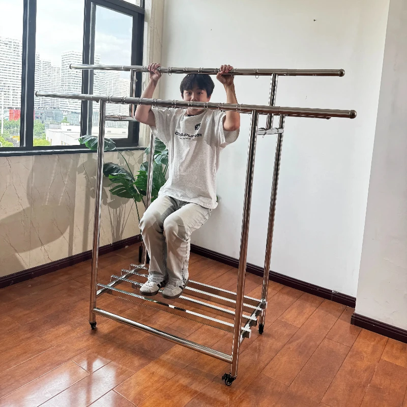 不锈钢管可移动晾衣架落地家用阳台挂衣户外室外双杆衣晒被子收纳