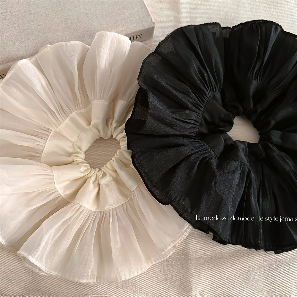 超大褶皱双层发圈大肠圈感黑白头绳头花百搭发饰简约发圈新款