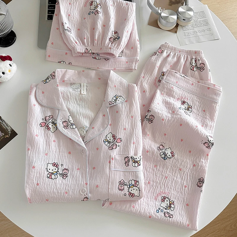 韩系可爱睡衣女hellokitty卡通小熊夏季薄款短袖短裤三件套家居服