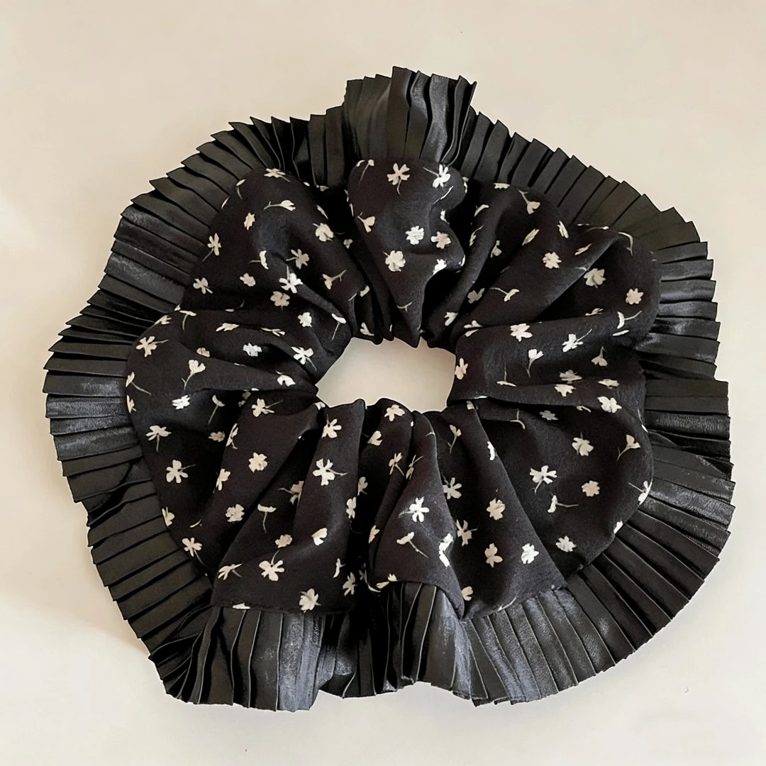 复古黑色风琴花边发圈丸子头大肠圈韩系扎头发头绳低马尾发饰4095