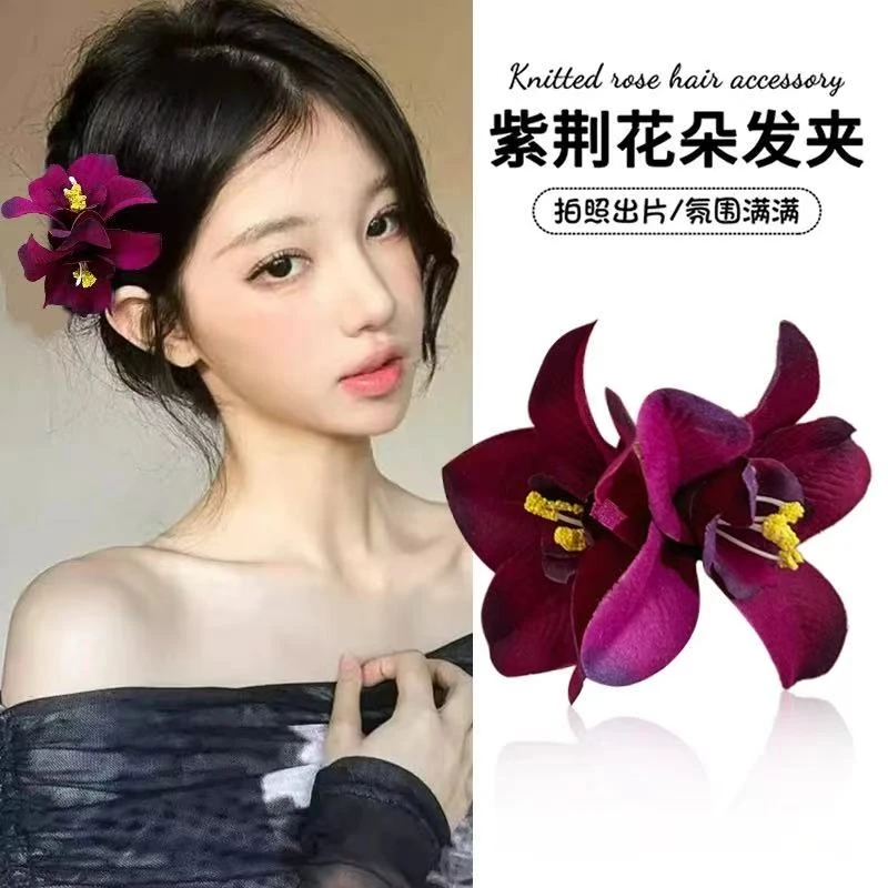 超仙紫荆花朵发夹女拍照头花侧边发卡刘海夹子甜美鸭嘴夹花瓣头饰