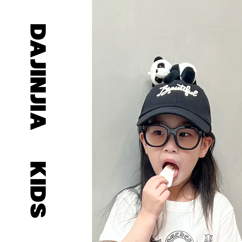 大金定制男女童夏季小熊猫字母刺绣黑色鸭舌帽