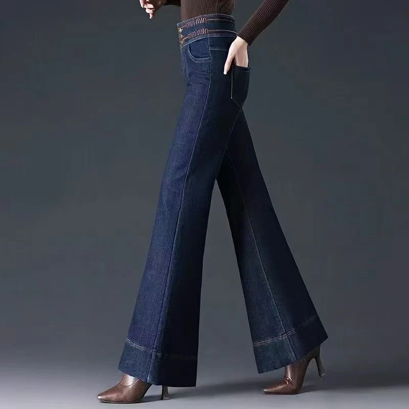 气质名媛阔腿牛仔裤女2025春秋新款高腰微喇显瘦直筒大喇叭裤ins