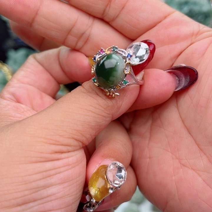 透闪石-蛇纹石玉银S925镶嵌戒指笑*风