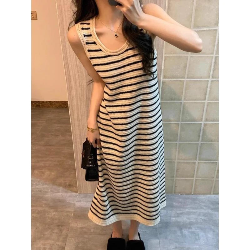 无袖条纹针织连衣裙女宽松长裙开叉圆领2025夏季新款百搭背心