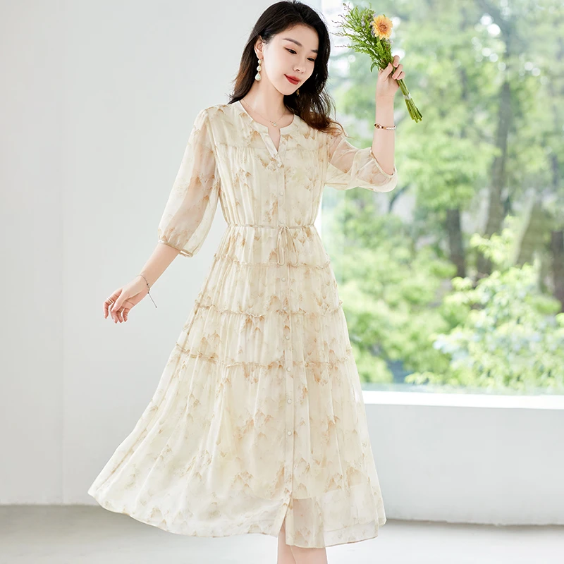 水墨佳人轻奢真丝数码印花桑蚕丝连衣裙82497702