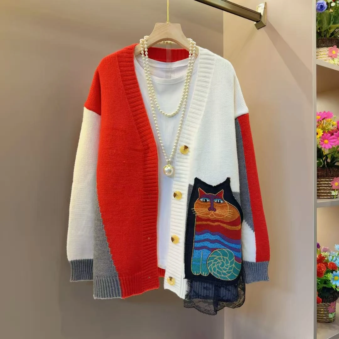 小众韩系多巴胺拼色卡通洋气毛衣开衫衣长68左右