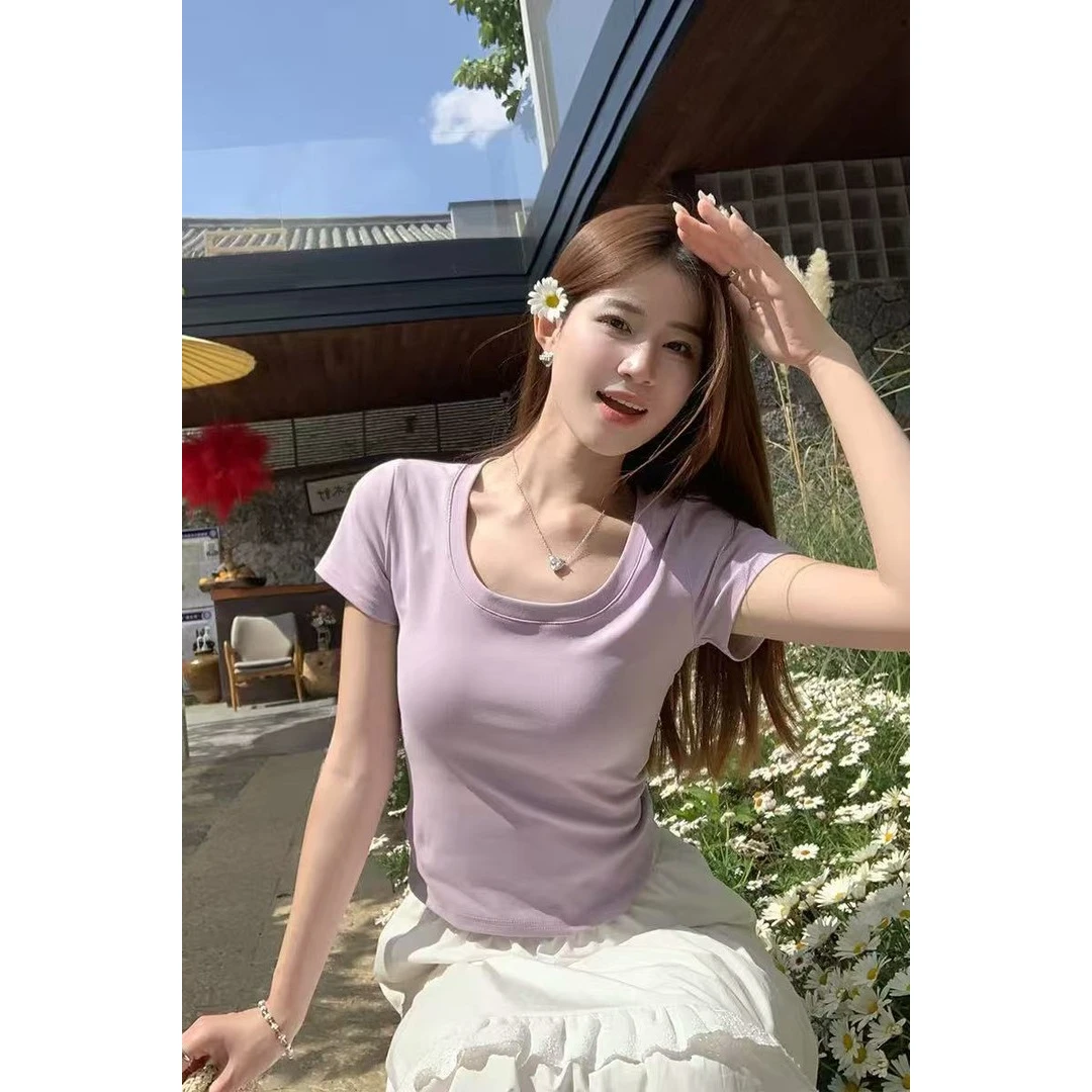 夏季U领紧身短袖T恤女百搭显瘦设计感小众芋泥紫气质减龄纯色上衣