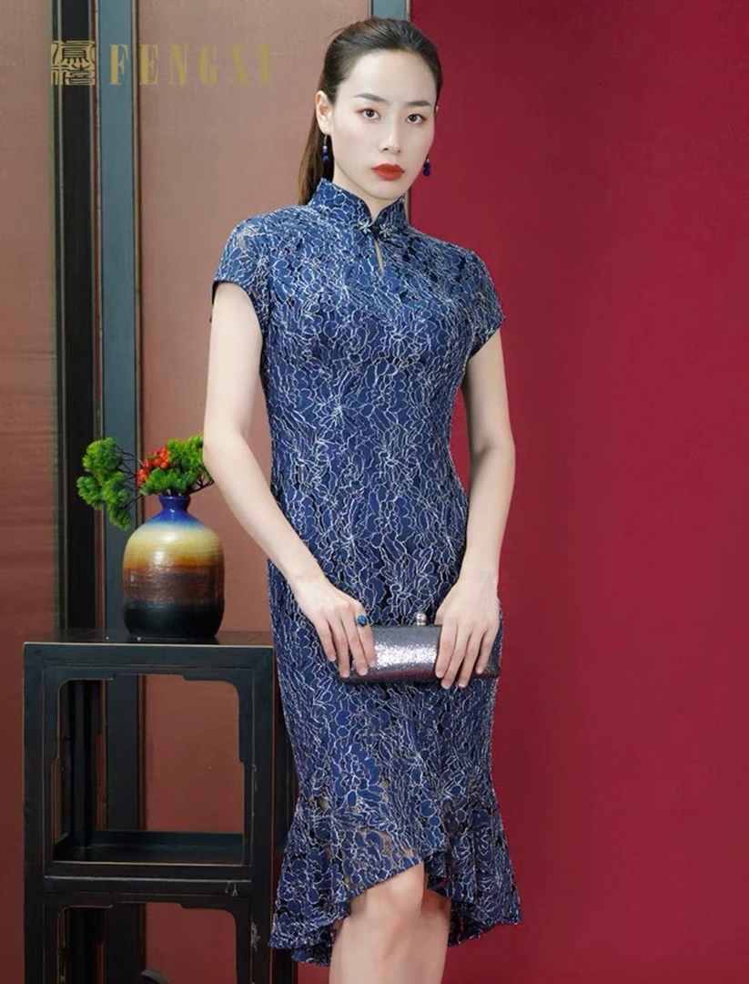 凤禧旗袍原创设计水滴领宴会女款长款修身改良版旗袍礼服婚庆
