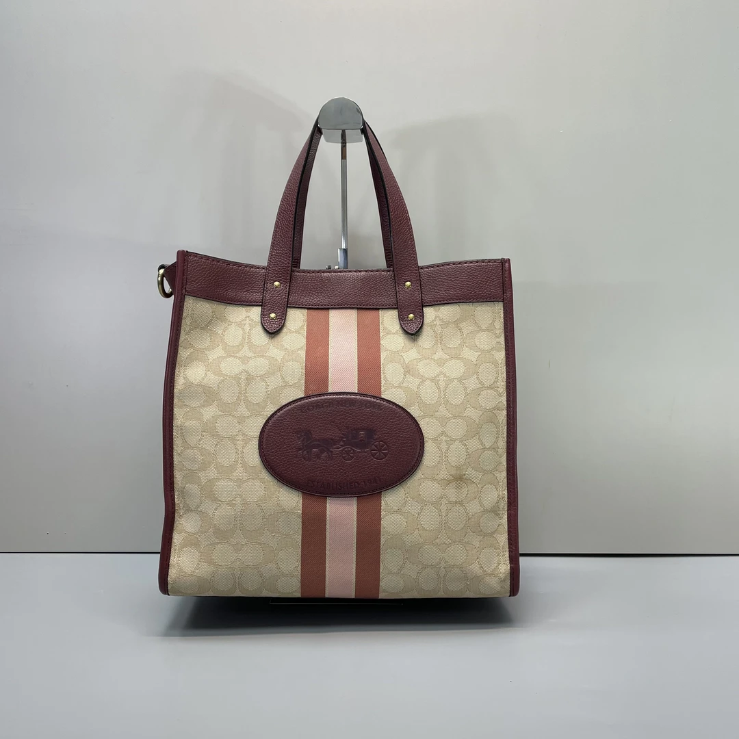 90新 COACH/蔻驰 小林/field红拼条纹方托30*30*15cmA122303