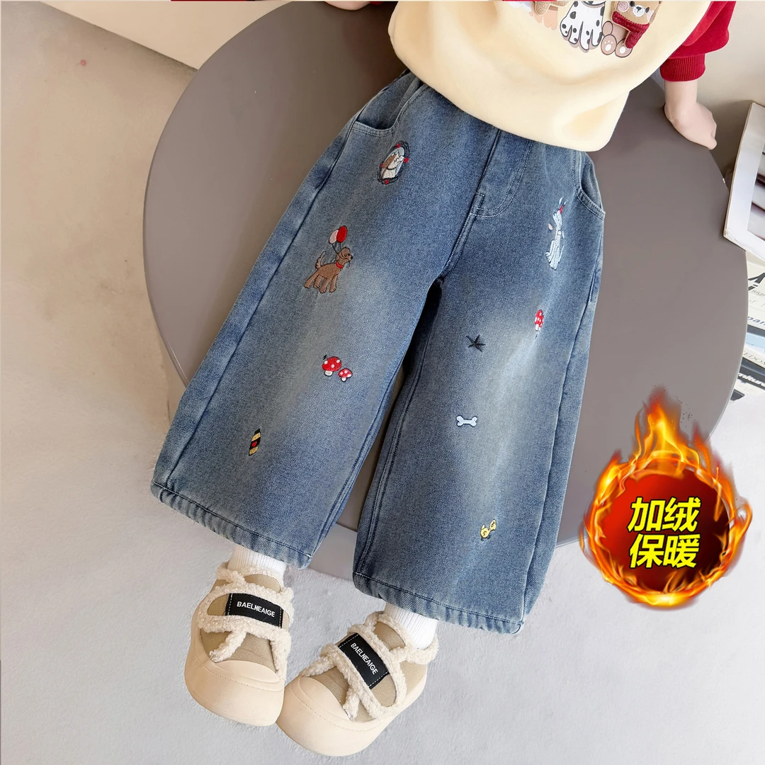 女童冬装时髦洋气加绒小狗牛仔裤2025新款儿童百搭女宝宝时尚裤子