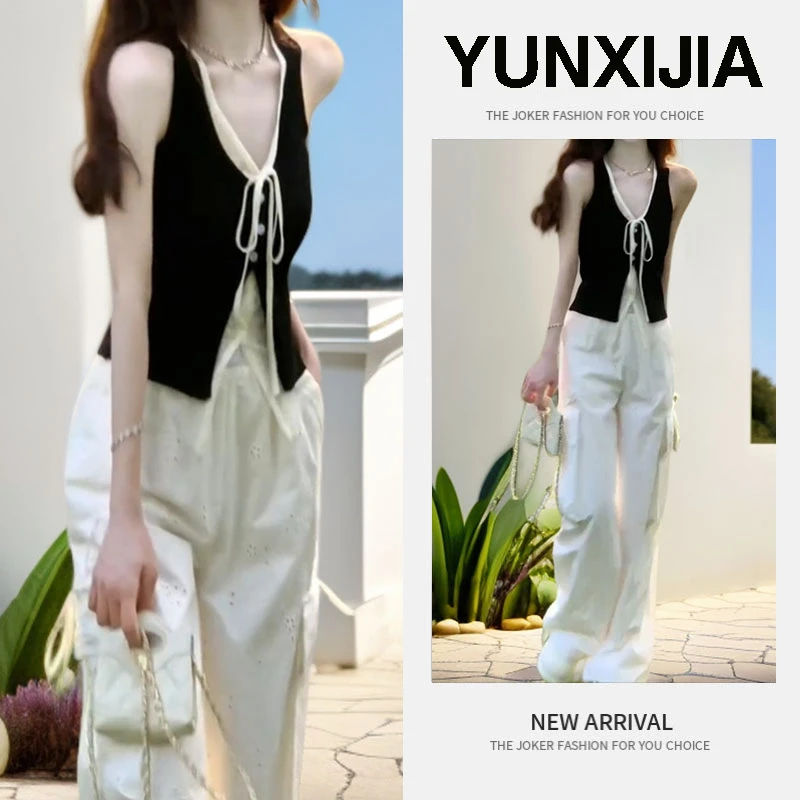 2025夏季新款一整套设计感百搭修身显瘦背心假两件上衣裤子两件套