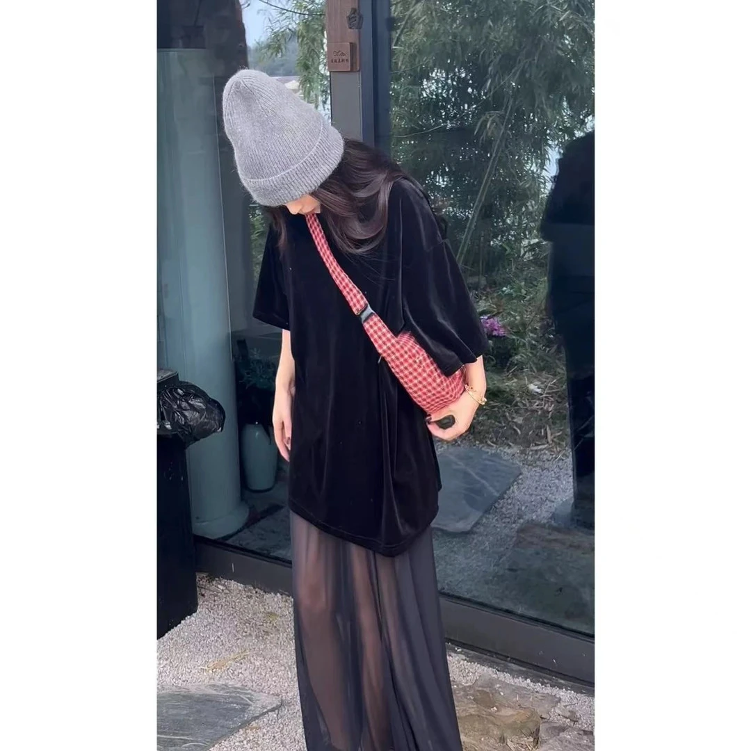 2025春夏新款时尚套装裙女宽松显瘦圆领t恤+网纱拼接半身裙两件套