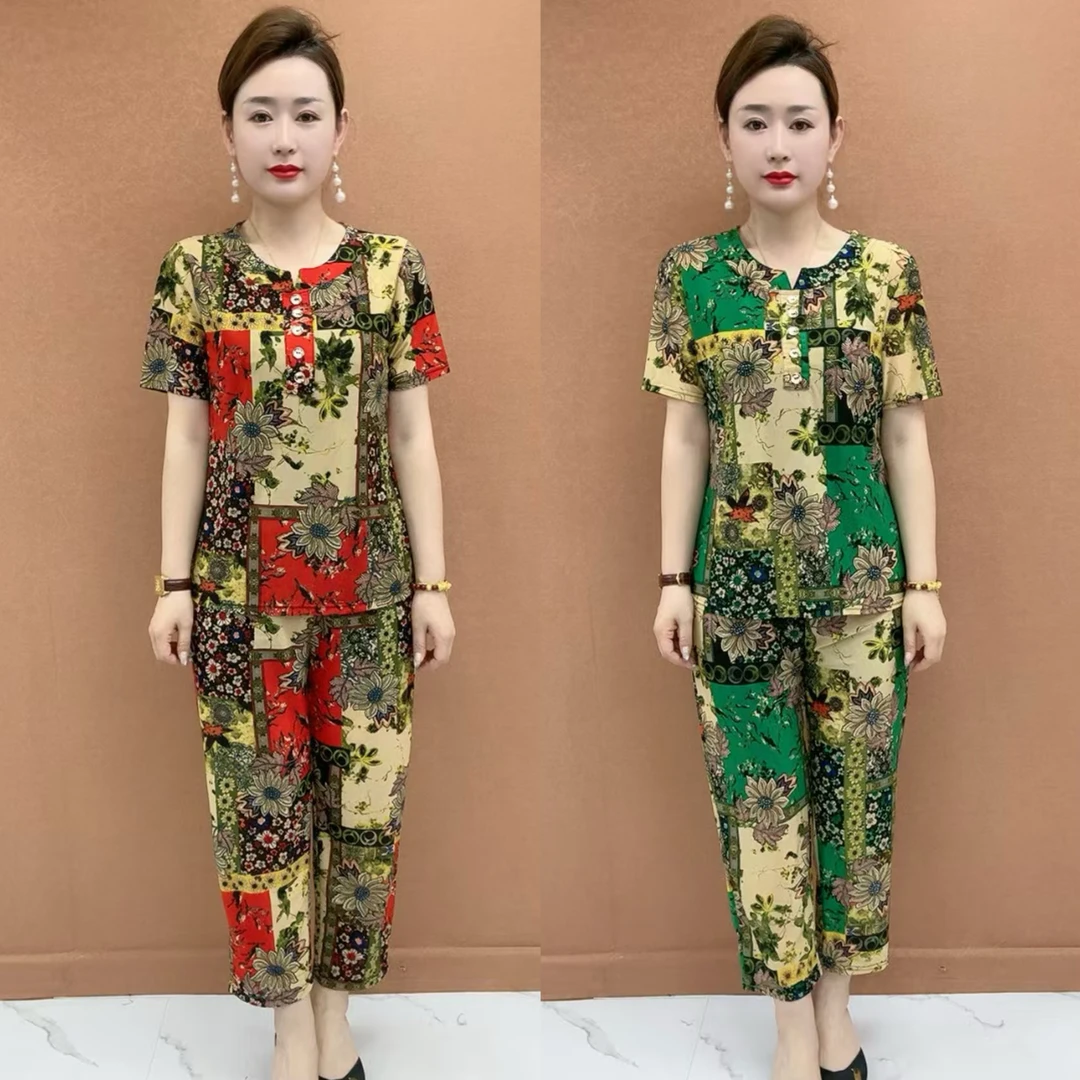 中老年夏季新款短袖碎花减龄女时尚宽松显瘦大码薄款两件套休闲