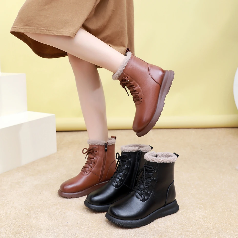 真皮全牛皮厚底马丁靴女冬季新款短靴大码加绒棉靴舒适防滑妈妈靴