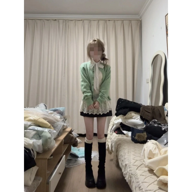 MARIE.COCO小清新绿色长袖针织开衫女秋季新款条纹微透上衣半身裙